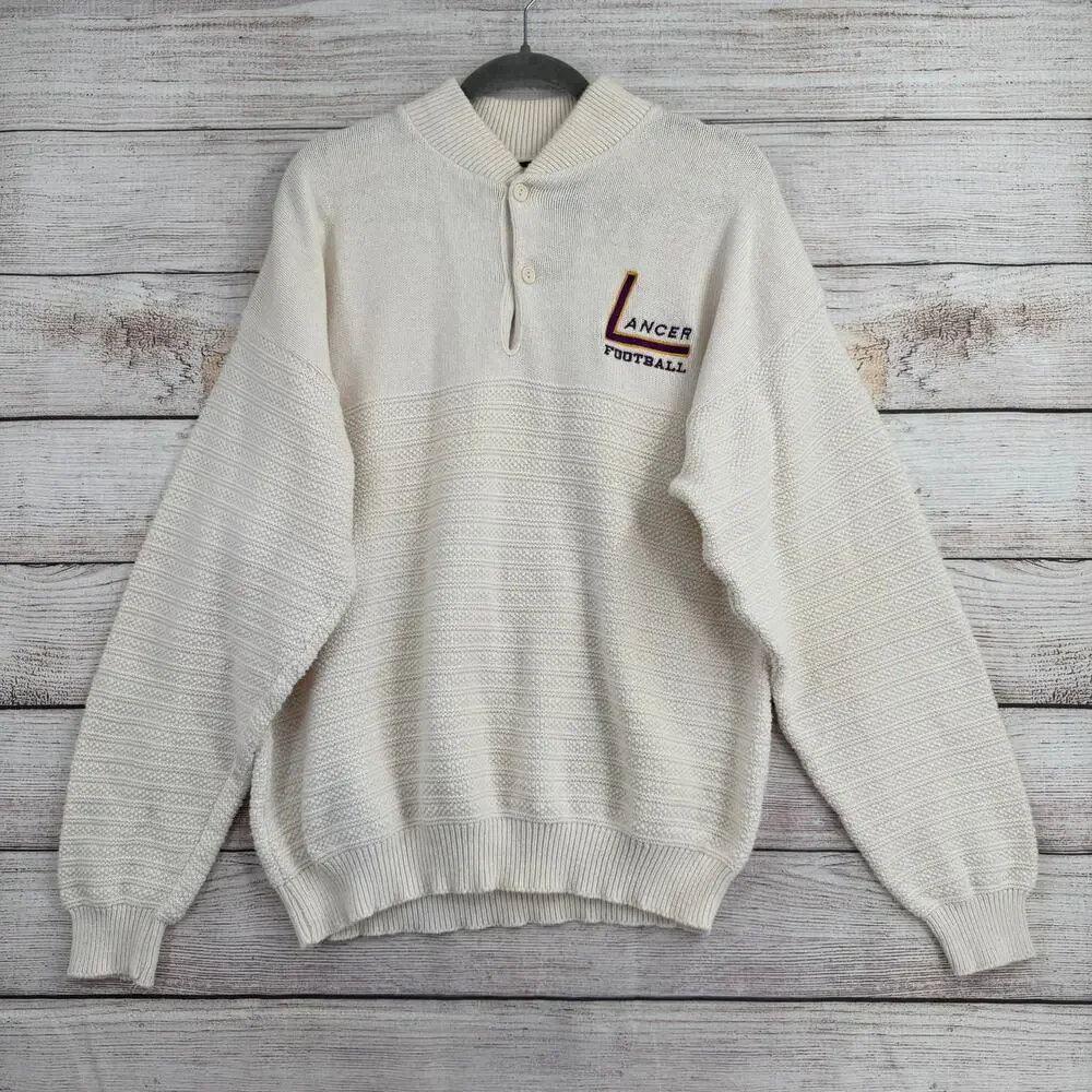 Vintage 90's NEFF Henley Carlsbad Lancers Sweater Mens XL Cream Embroidered